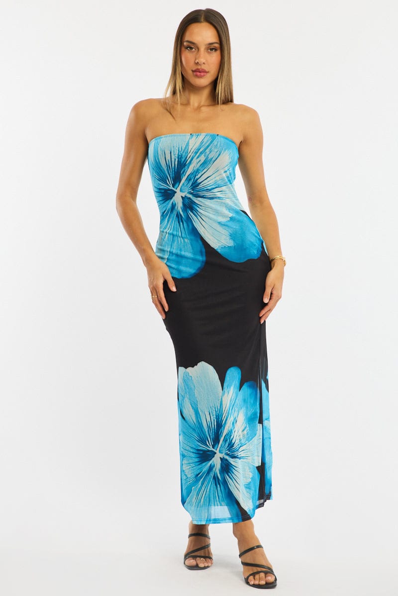 Blue Floral Strapless Maxi Dress