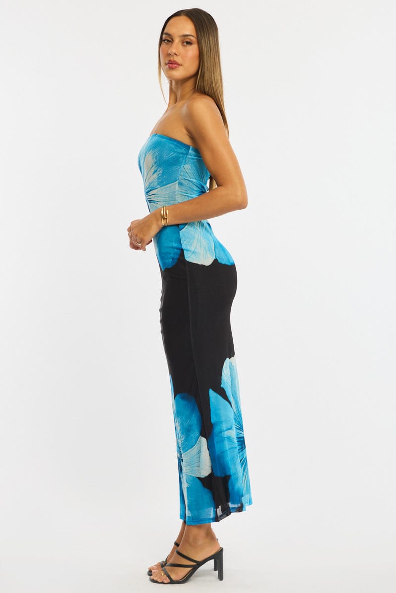 Blue Floral Strapless Maxi Dress
