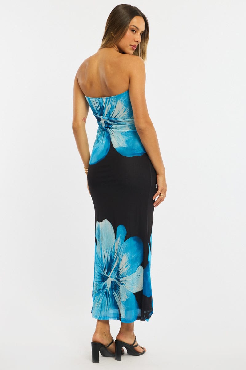 Blue Floral Strapless Maxi Dress