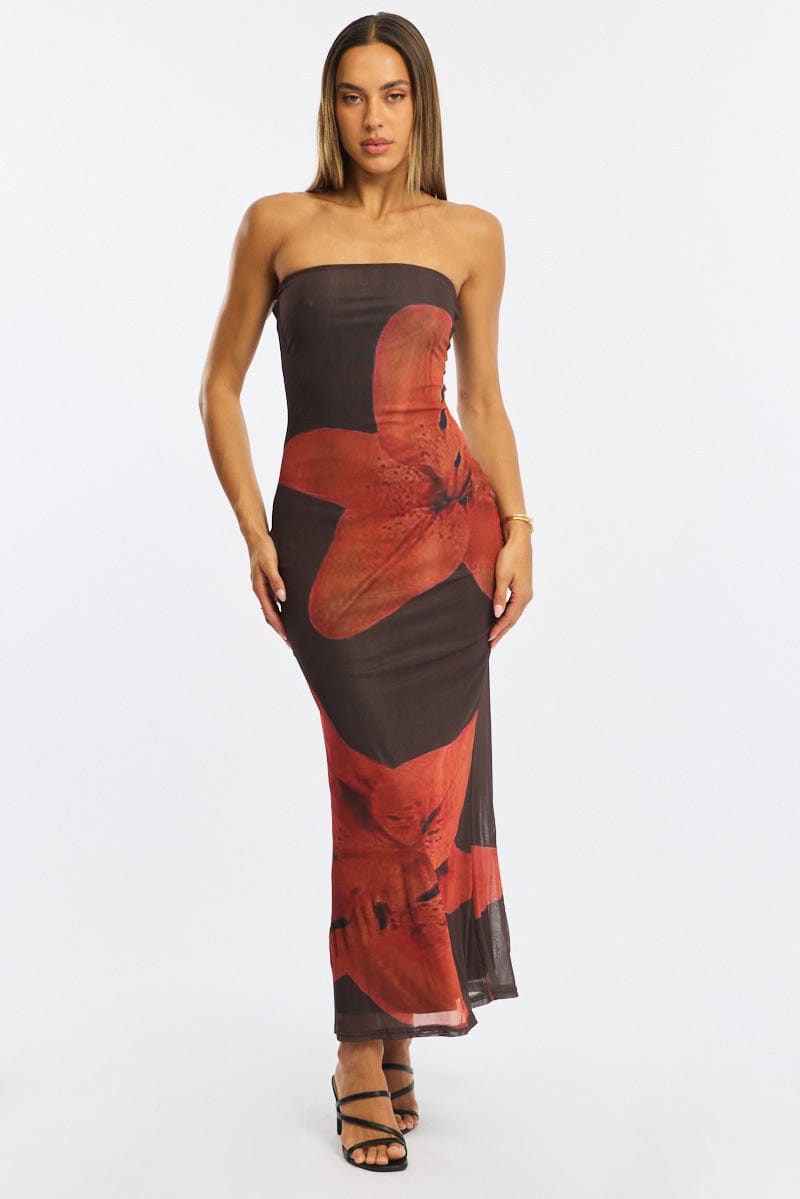 Brown Floral Strapless Maxi Dress