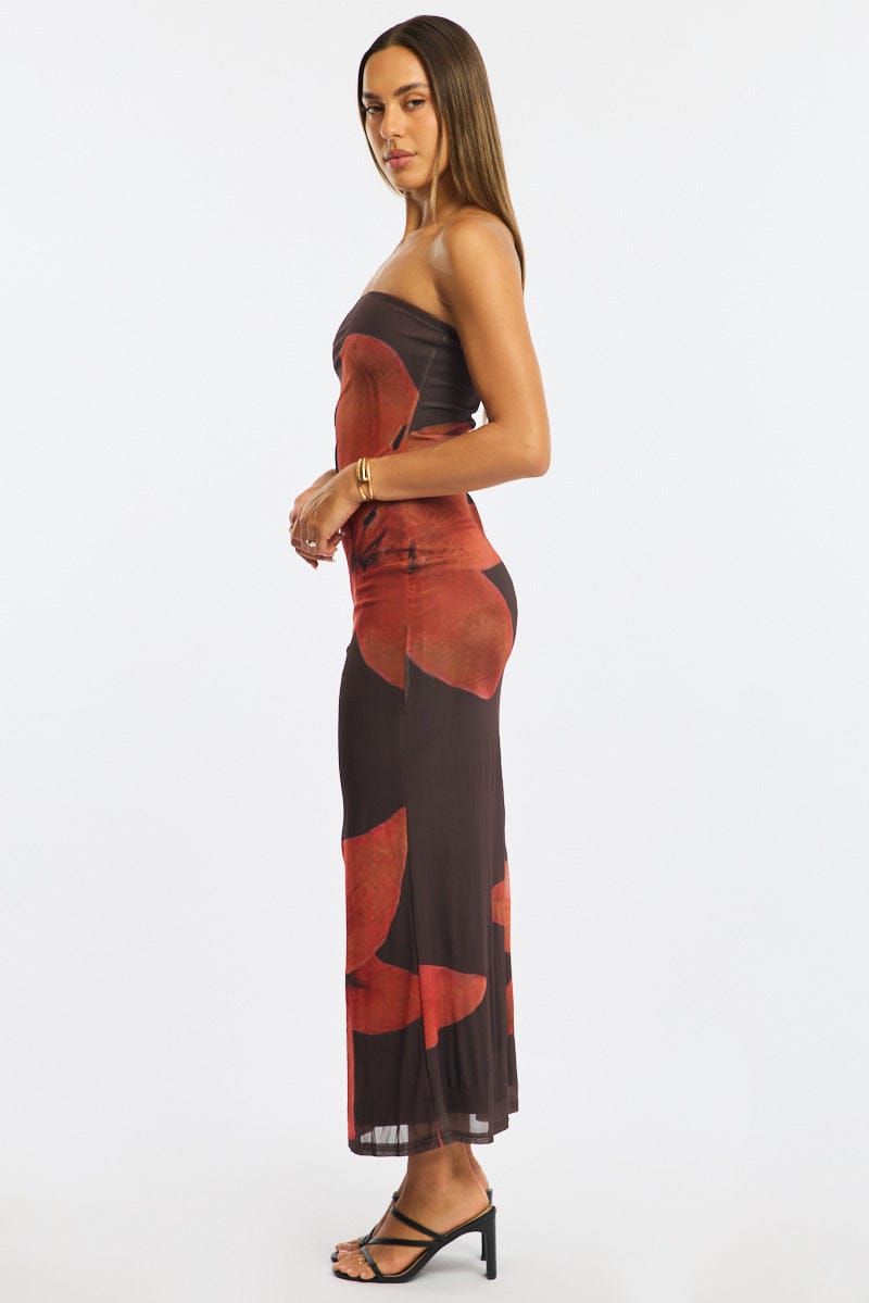 Brown Floral Strapless Maxi Dress