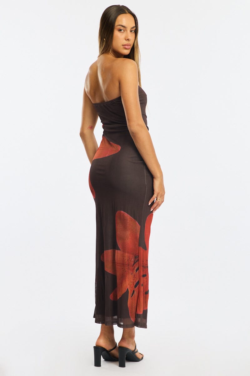 Brown Floral Strapless Maxi Dress