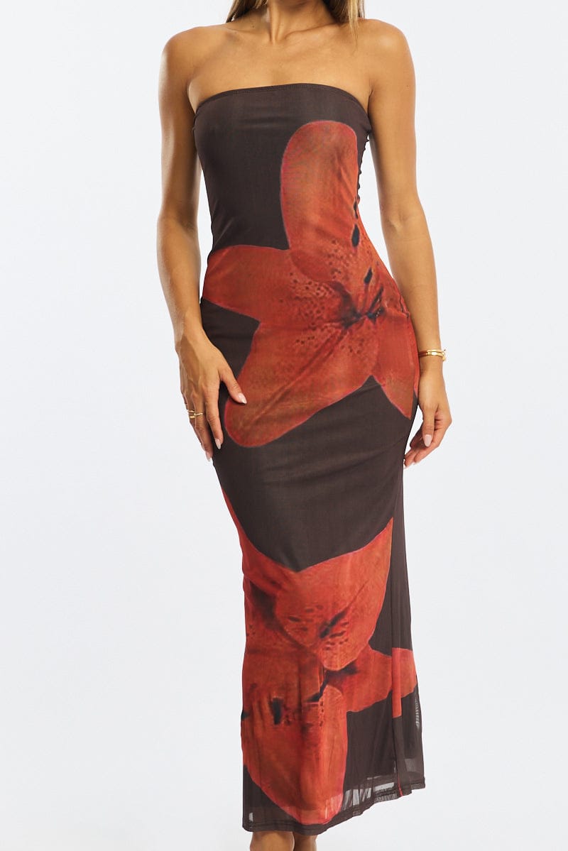 Brown Floral Strapless Maxi Dress