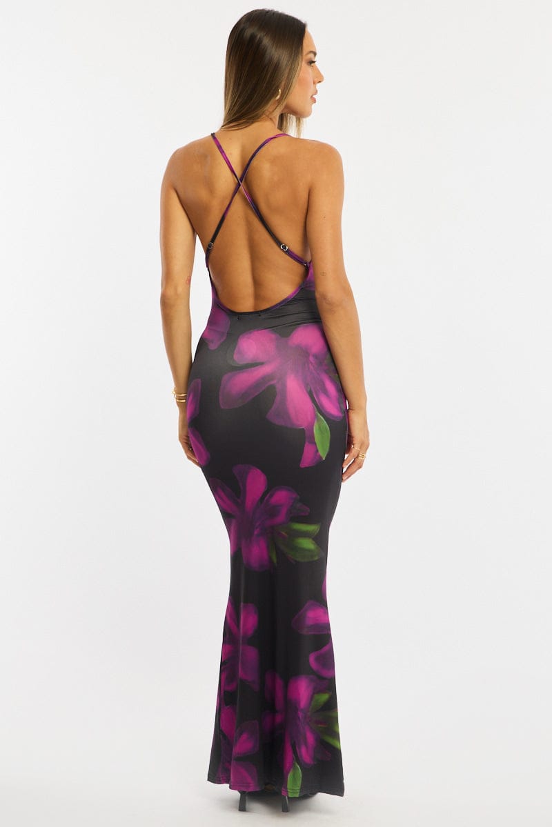 Black Floral Maxi Dress Strappy