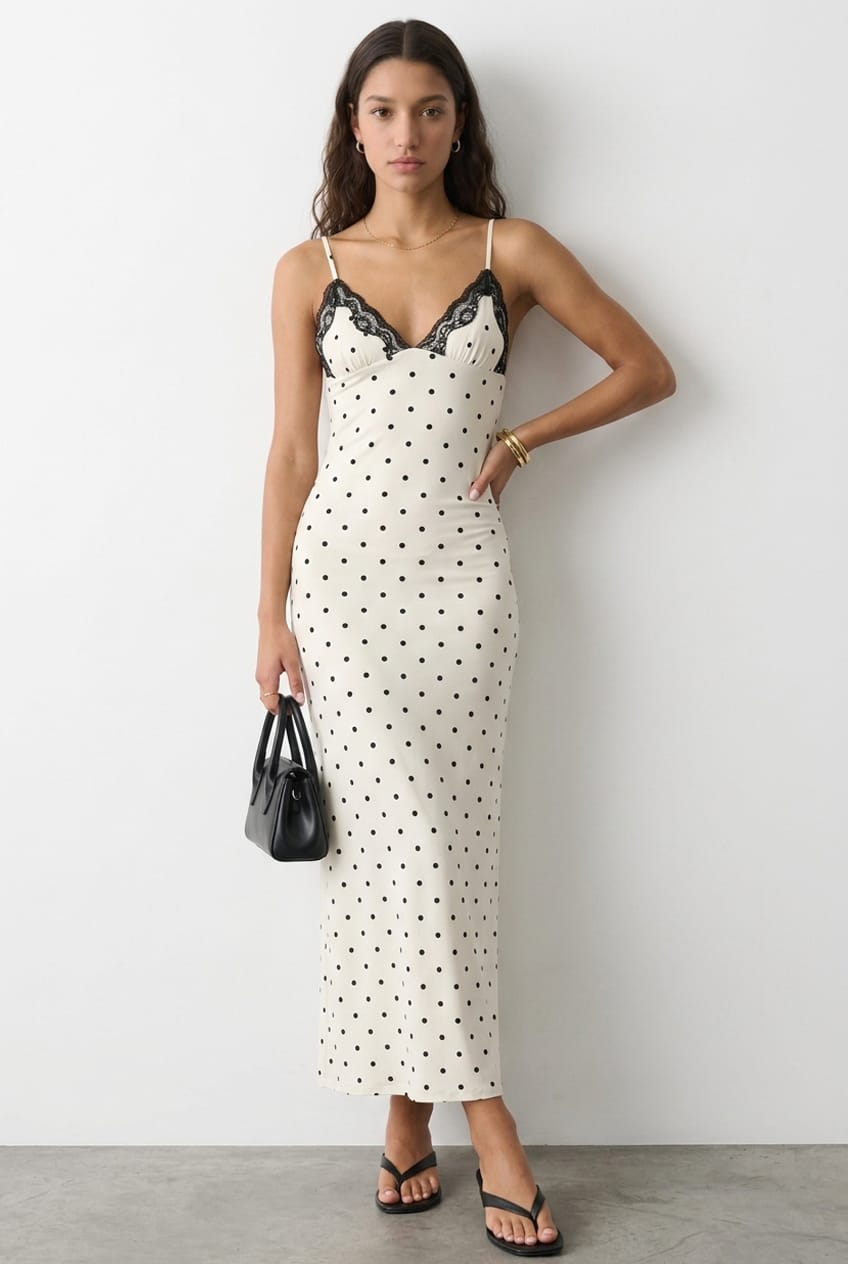 White Polka Dot Maxi Dress Lace Bust