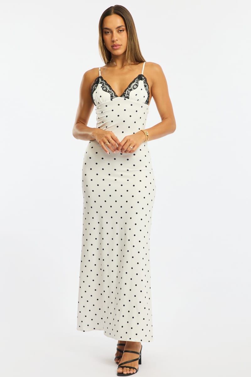 White Polka Dot Maxi Dress Lace Bust