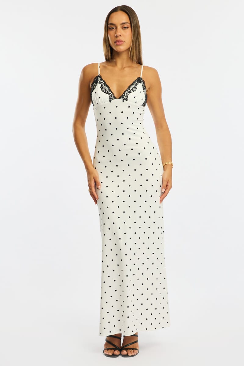 White Polka Dot Maxi Dress Lace Bust