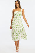 Green Floral Midi Dress Gathered Bust