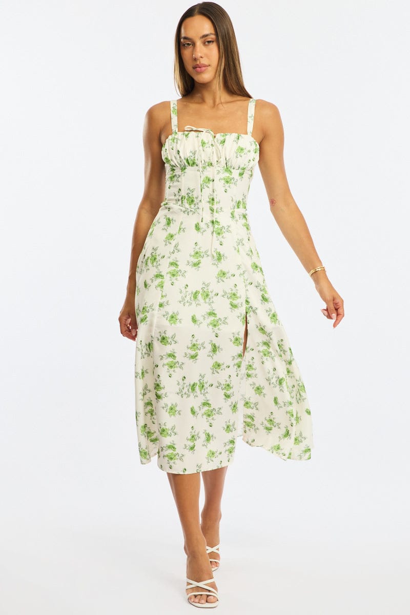 Green Floral Midi Dress Gathered Bust