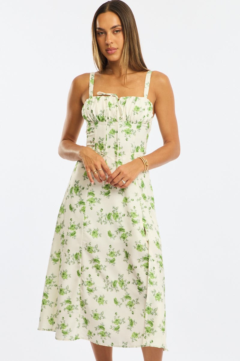 Green Floral Midi Dress Gathered Bust