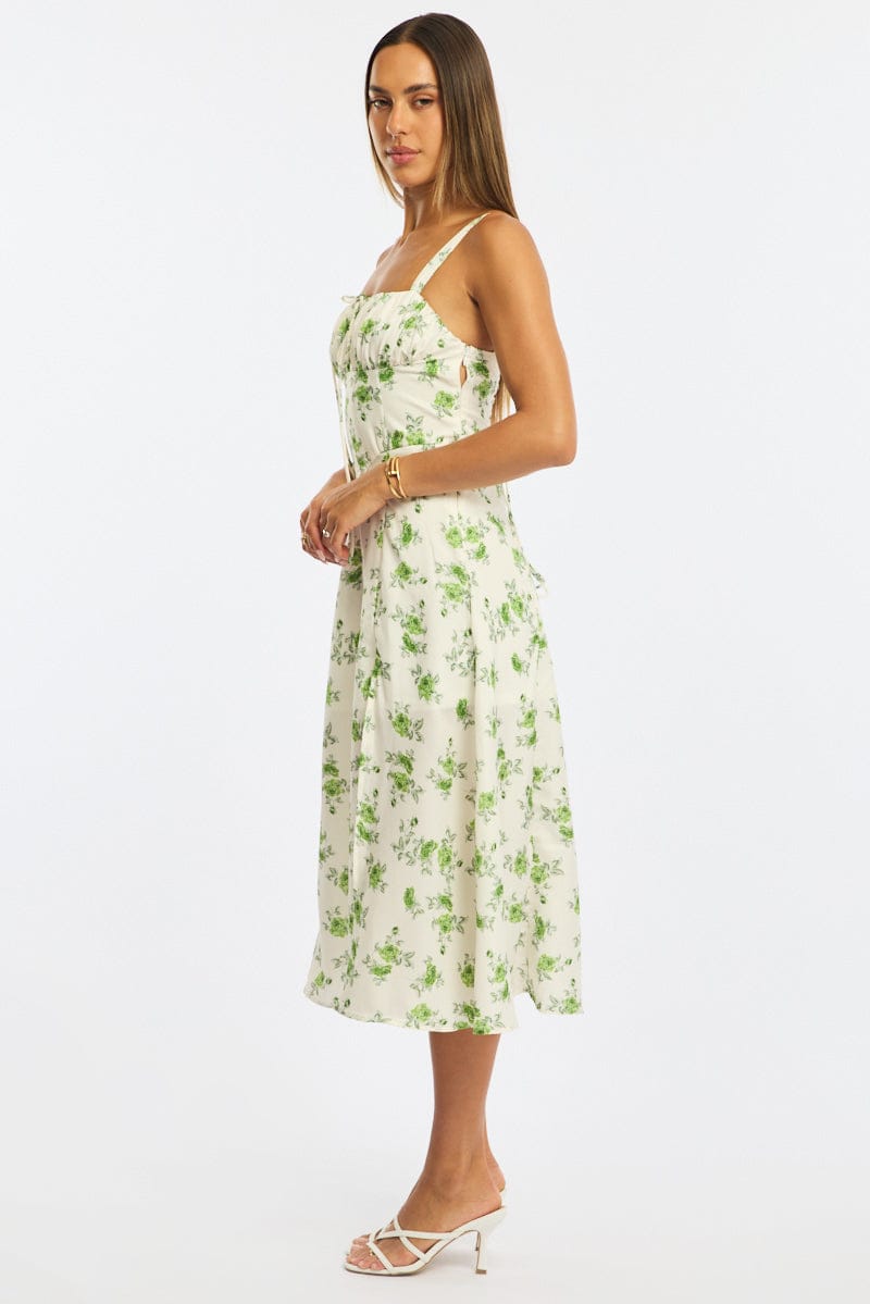Green Floral Midi Dress Gathered Bust