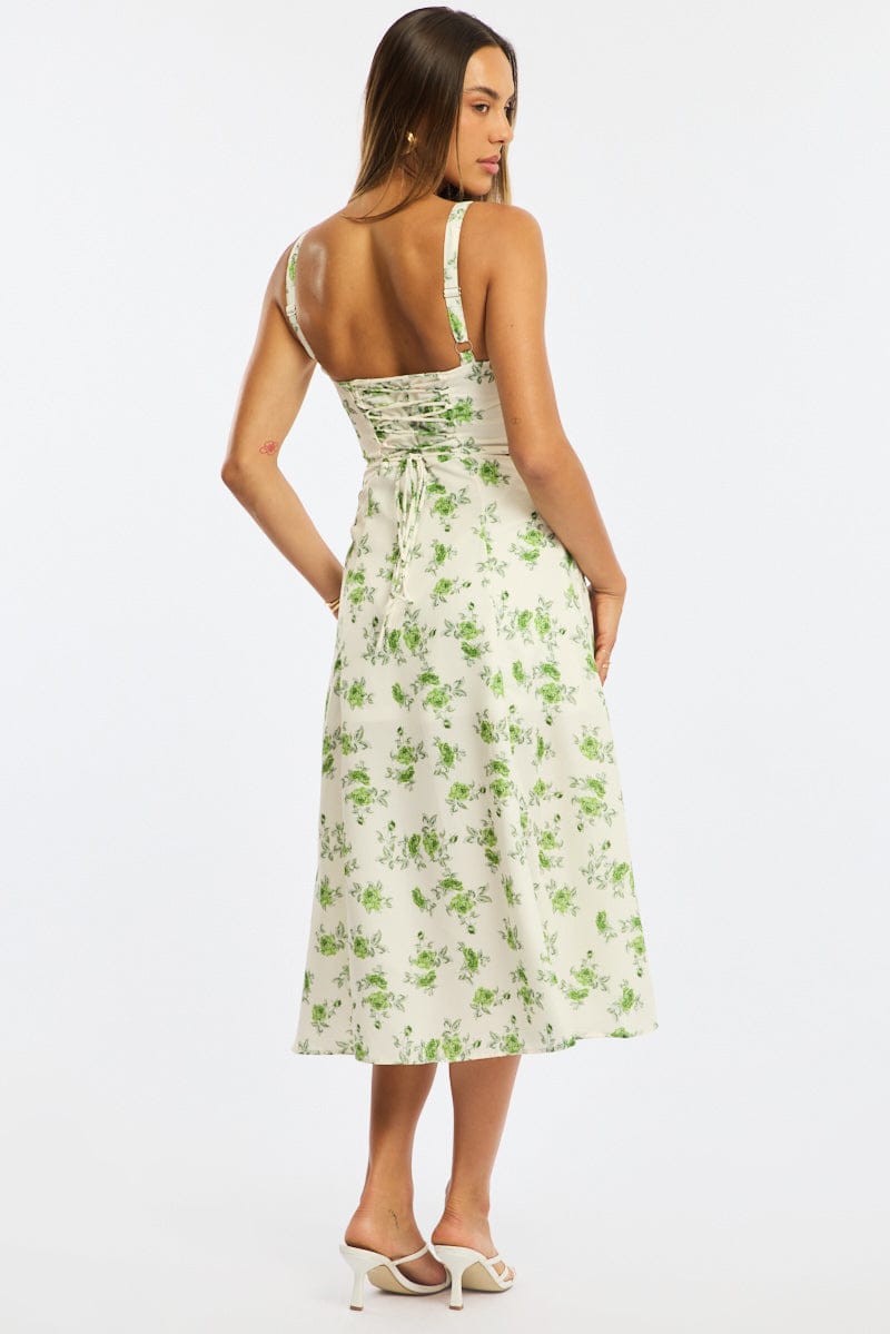 Green Floral Midi Dress Gathered Bust
