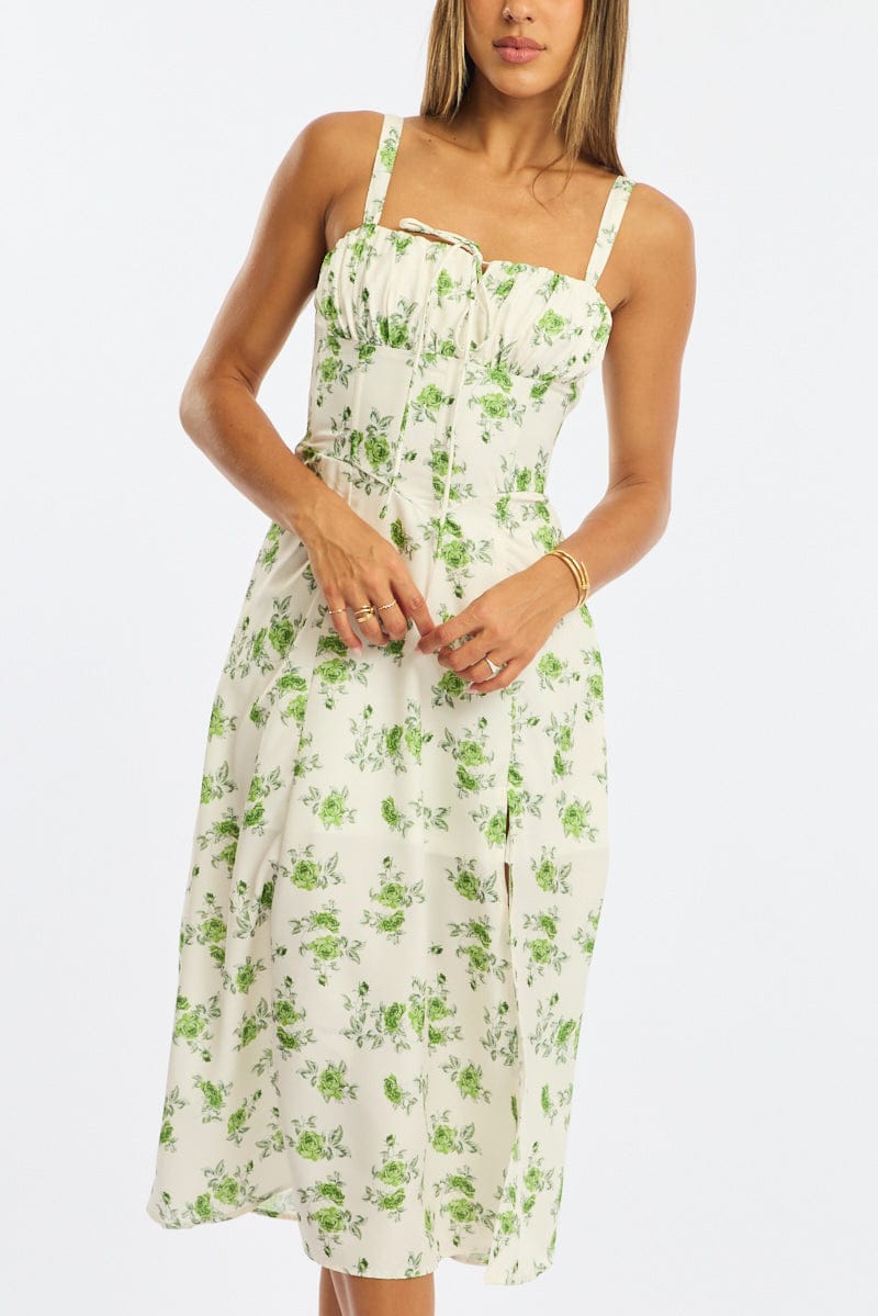Green Floral Midi Dress Gathered Bust