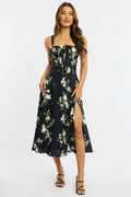 Black Floral Midi Dress Gathered Bust