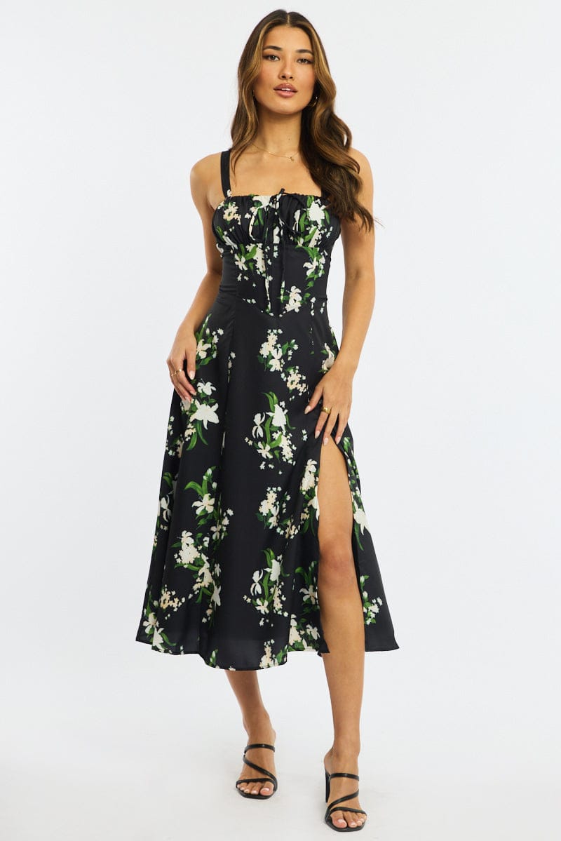 Black Floral Midi Dress Gathered Bust