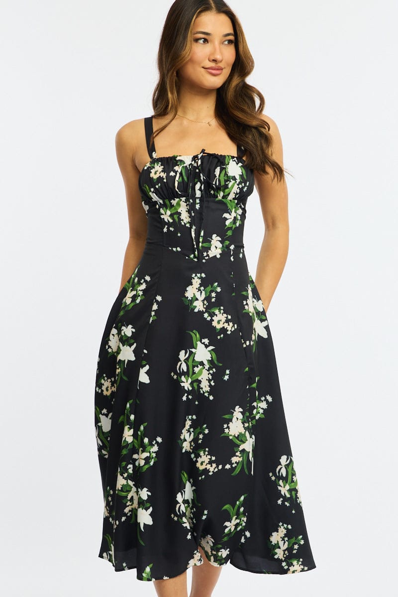 Black Floral Midi Dress Gathered Bust