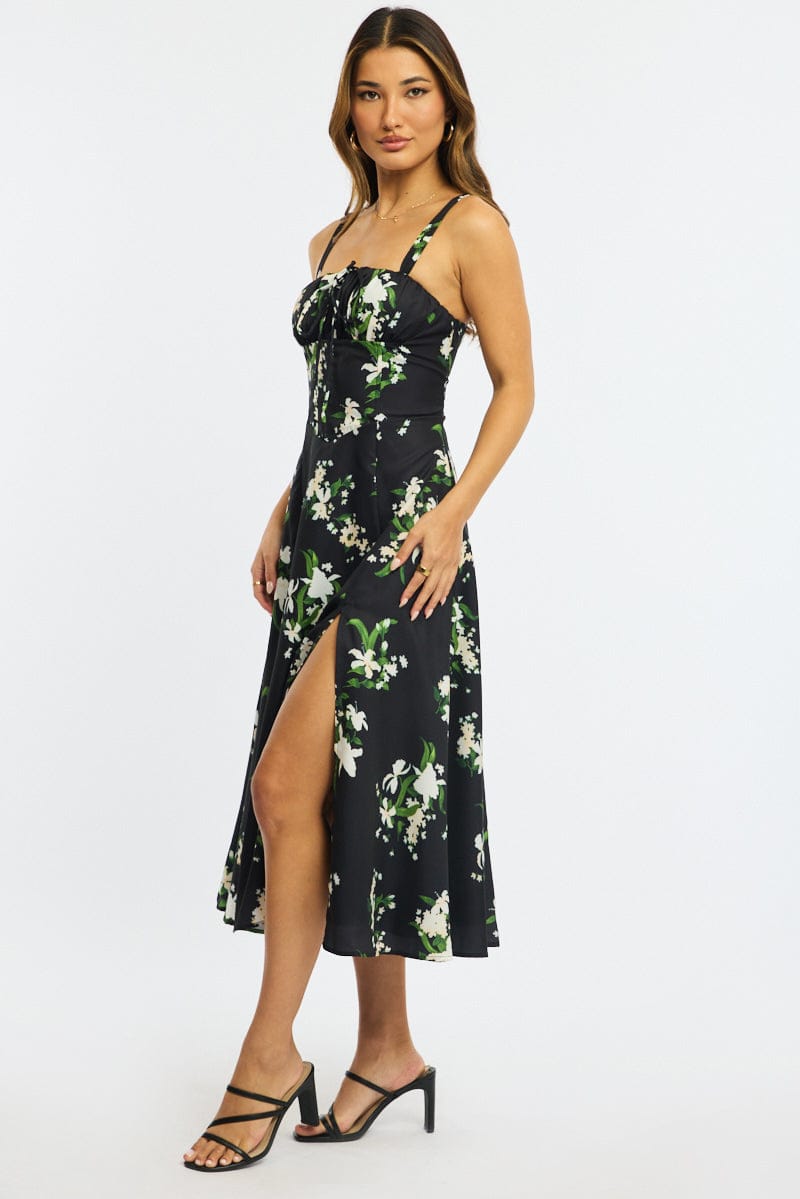 Black Floral Midi Dress Gathered Bust