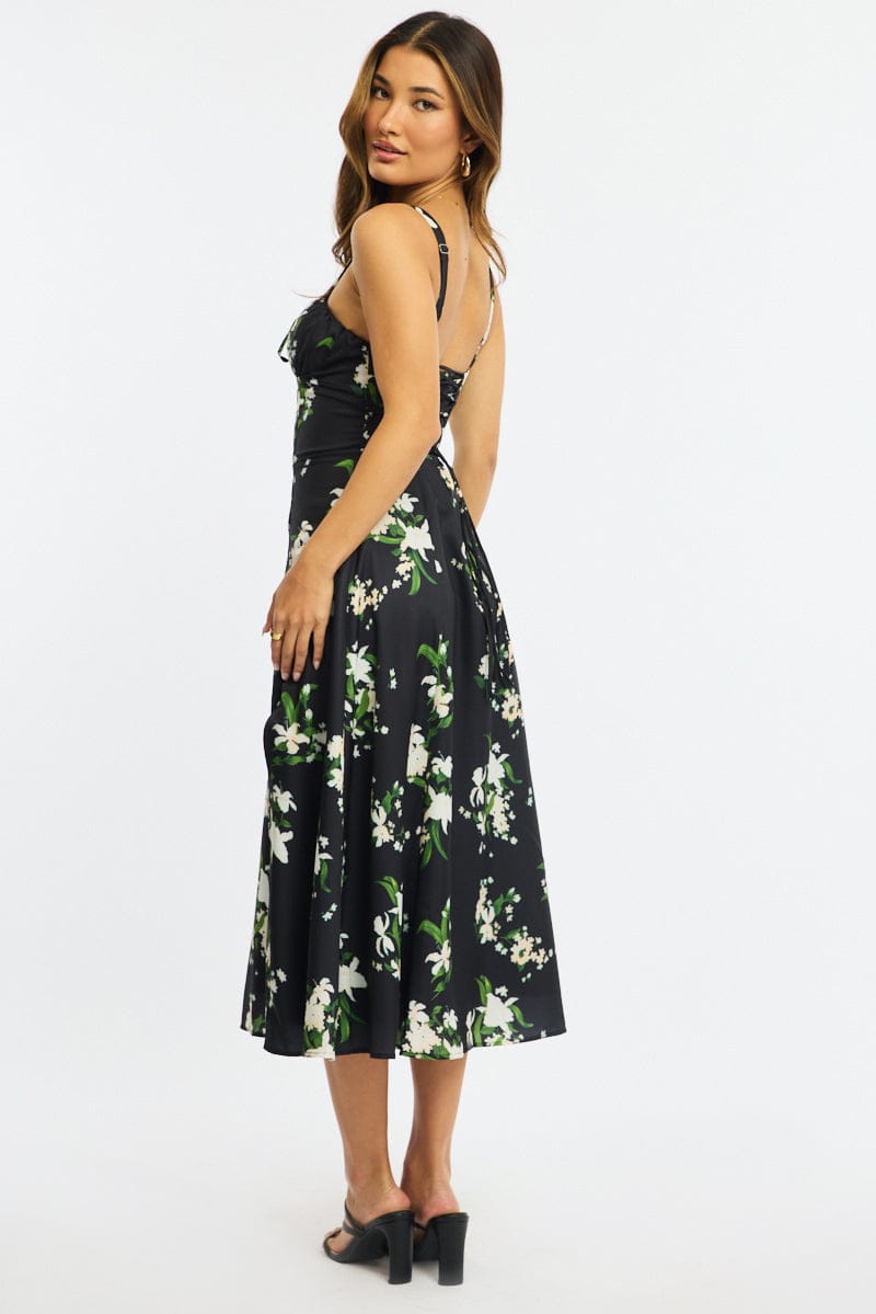 Black Floral Midi Dress Gathered Bust