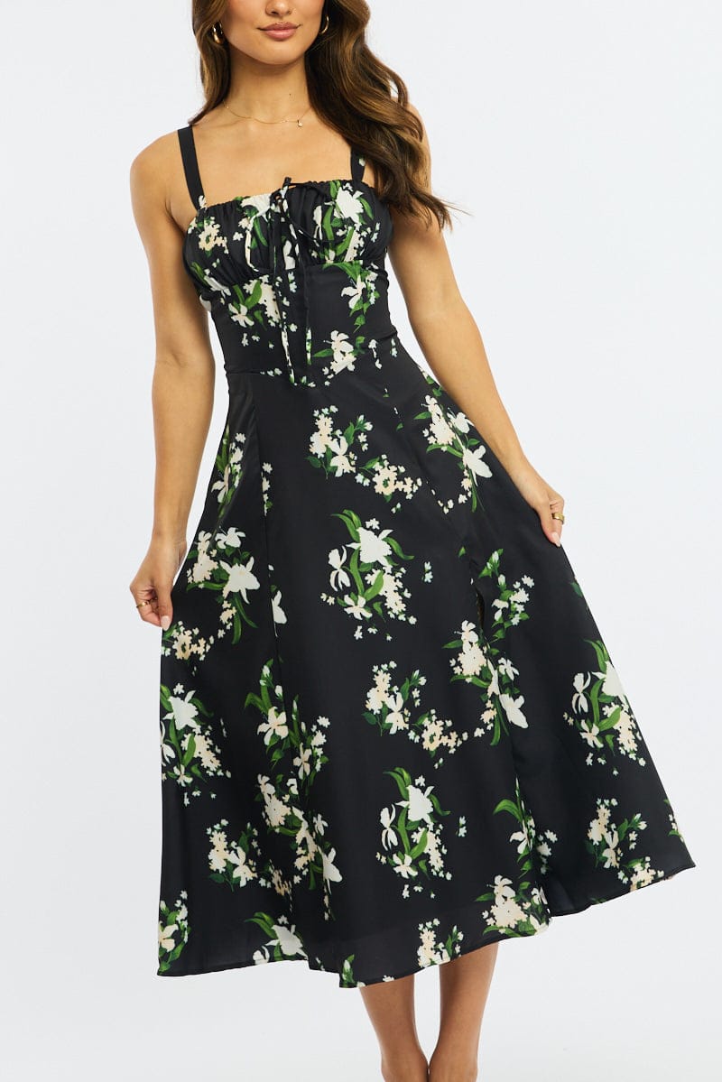 Black Floral Midi Dress Gathered Bust