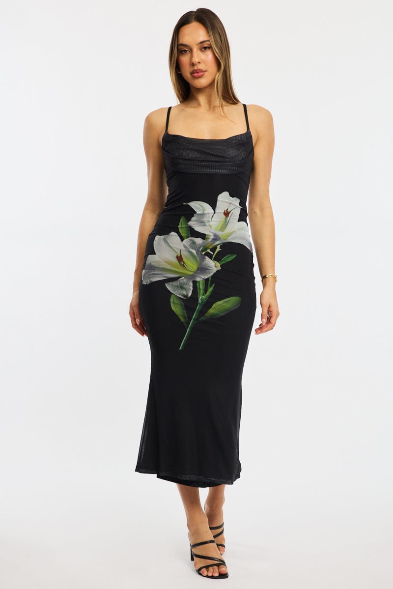 Black Floral Bodycon Dress Maxi