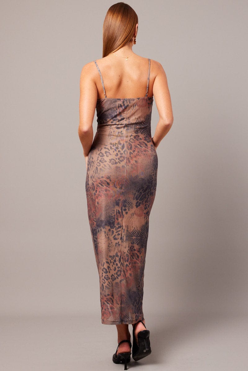 Brown Abstract Bodycon Maxi Dress Tank Top