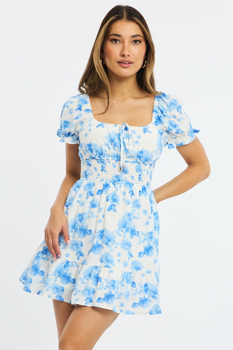 White Floral Fit And Flare Dress Puff Sleeve