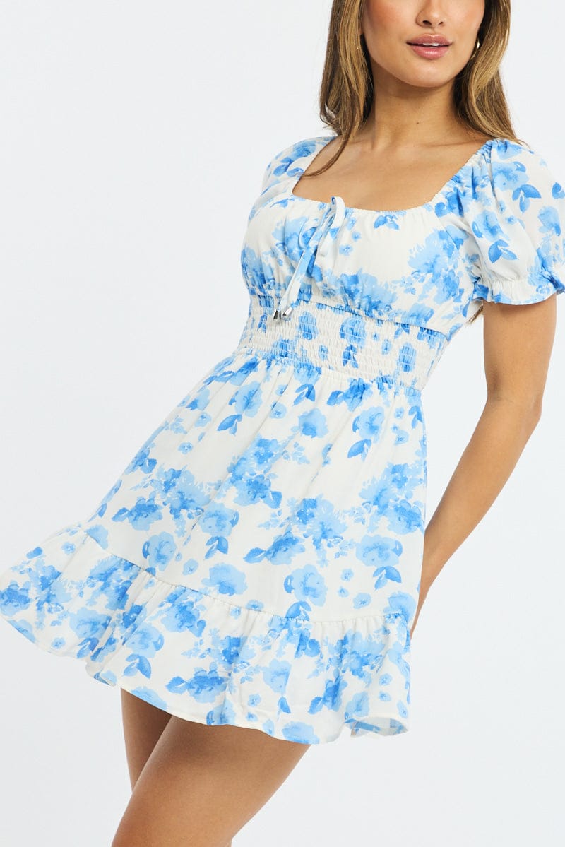 White Floral Fit And Flare Dress Puff Sleeve