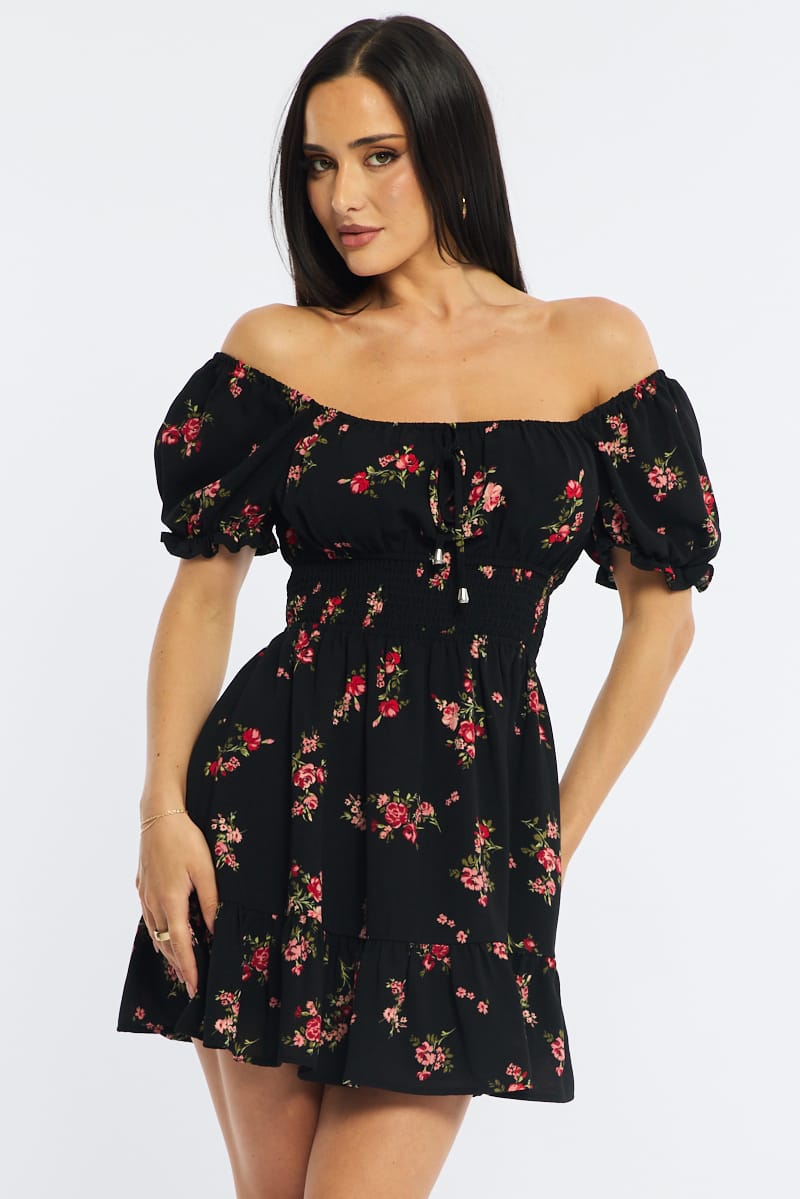 Black Floral Fit And Flare Dress Puff Sleeve