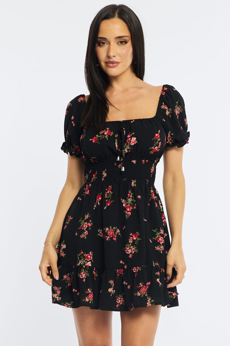 Black Floral Fit And Flare Dress Puff Sleeve