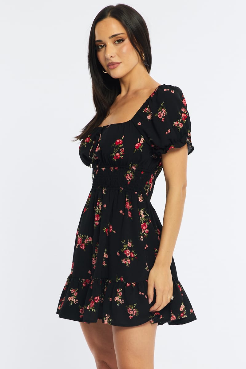 Black Floral Fit And Flare Dress Puff Sleeve