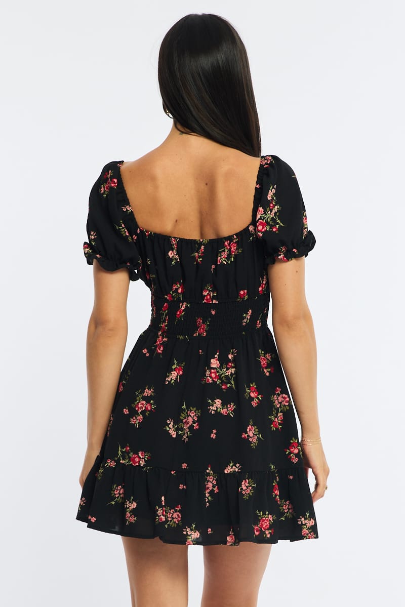 Black Floral Fit And Flare Dress Puff Sleeve