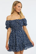 Blue Floral Fit And Flare Dress Puff Sleeve