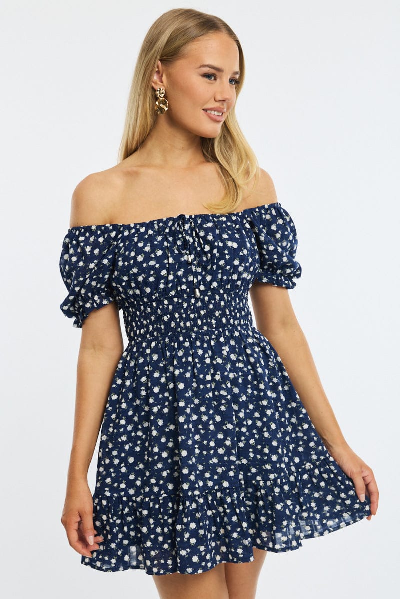 Blue Floral Fit And Flare Dress Puff Sleeve