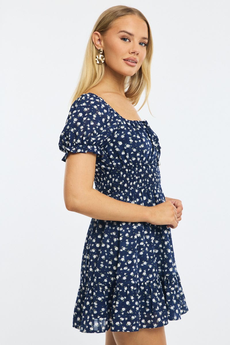 Blue Floral Fit And Flare Dress Puff Sleeve