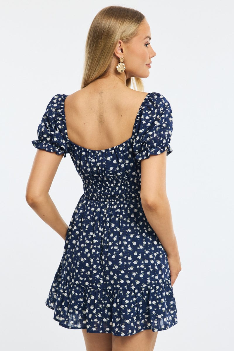 Blue Floral Fit And Flare Dress Puff Sleeve