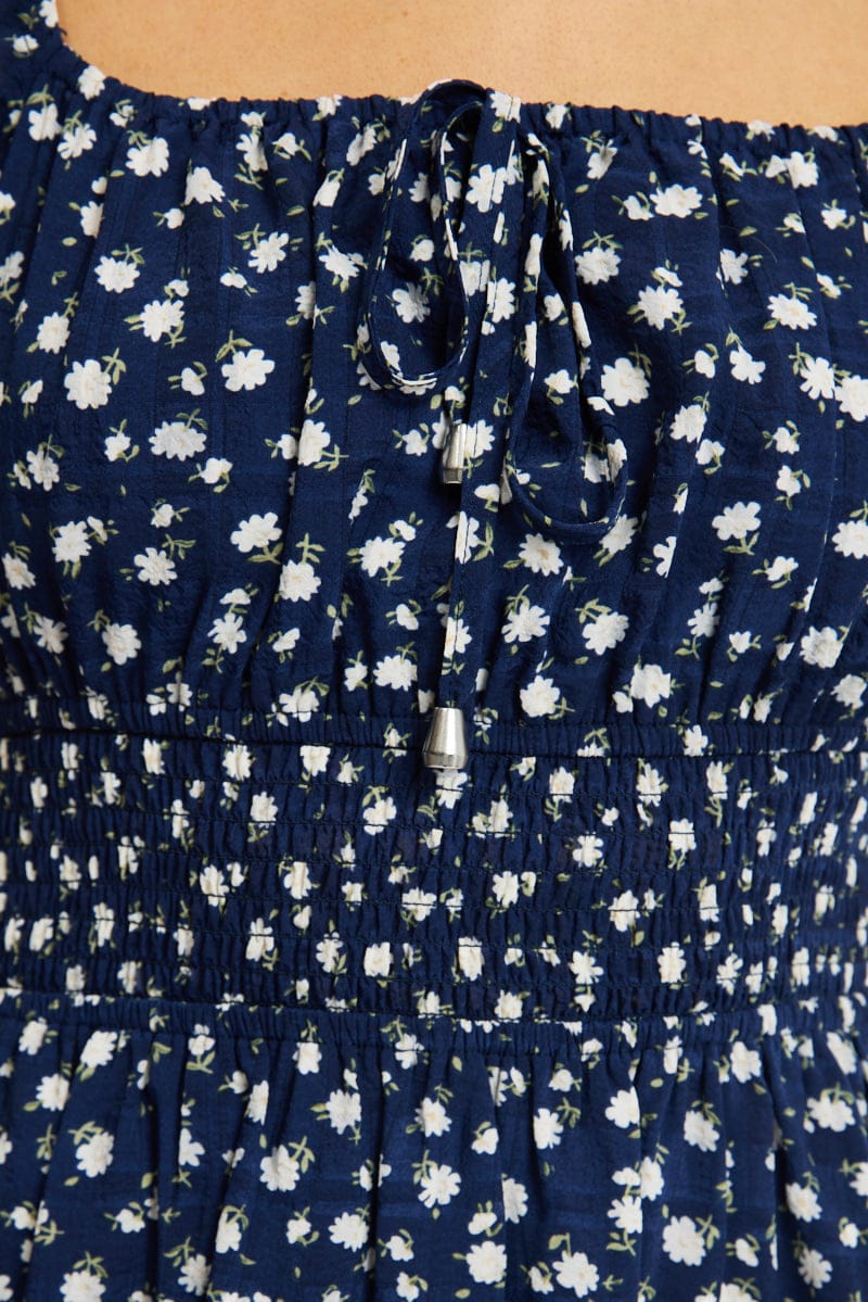 Blue Floral Fit And Flare Dress Puff Sleeve
