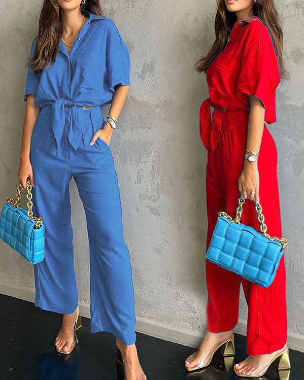 Short-Sleeved Loose Top Cotton Linen Wide-Leg Pants Two-Piece Suit