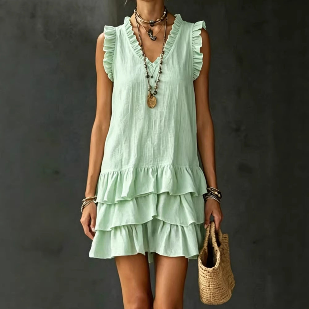 Casual V-Neck Ruffle-Trim Sleeveless Dress