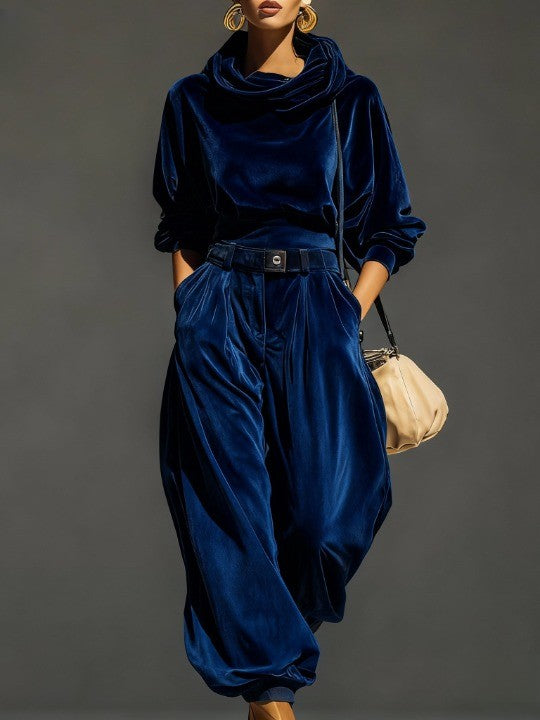 Vintage brown velvet hoodie and loose-fitting trousers set(Includes belt)
