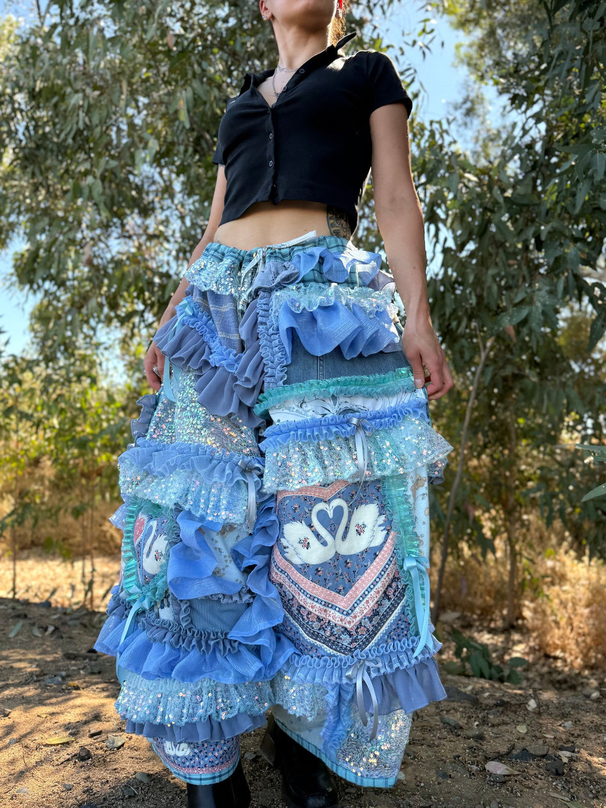 Upcycled Adjustable-Waist Ruffle Pants