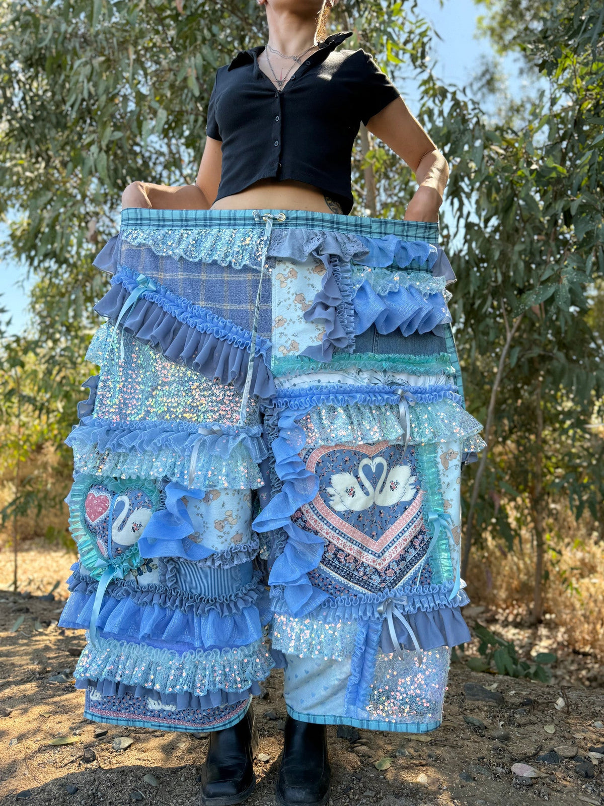 Upcycled Adjustable-Waist Ruffle Pants