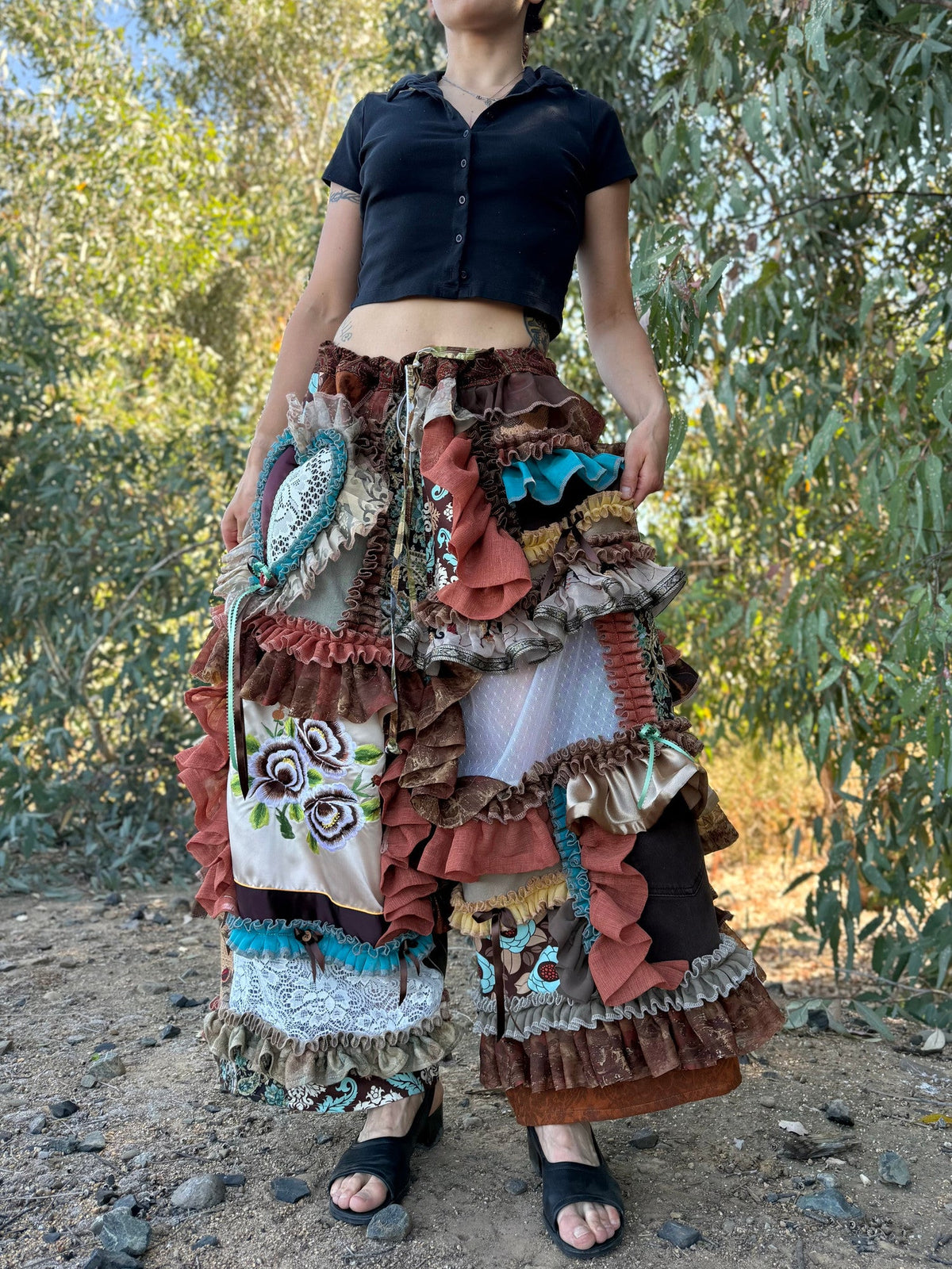 Upcycled Adjustable-Waist Ruffle Pants