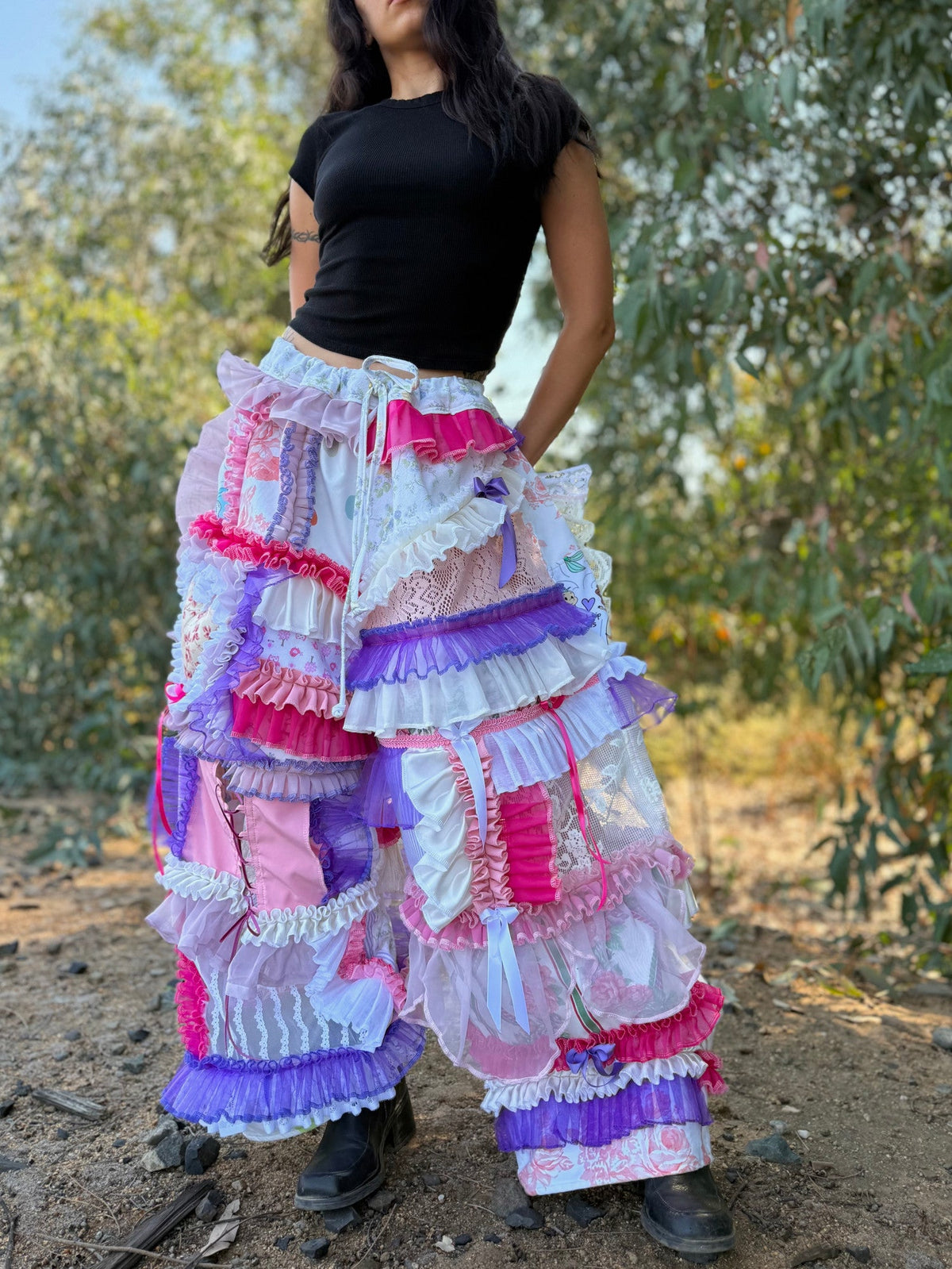Upcycled Adjustable-Waist Ruffle Pants