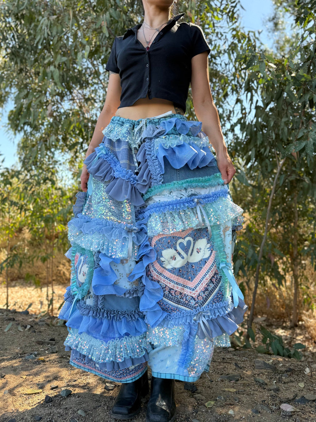 Upcycled Adjustable-Waist Ruffle Pants
