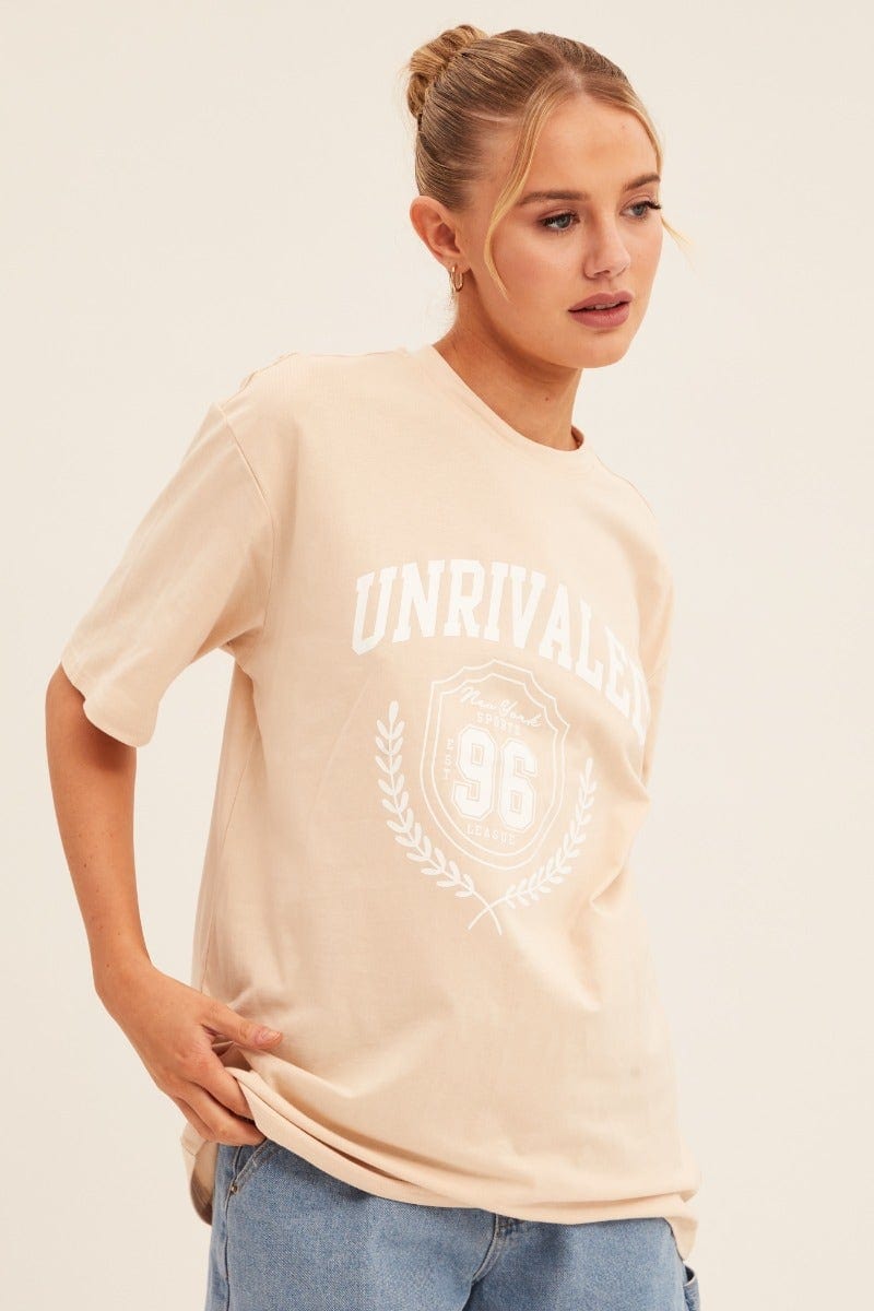 Beige Graphic T-Shirt Short Sleeve Crew Neck