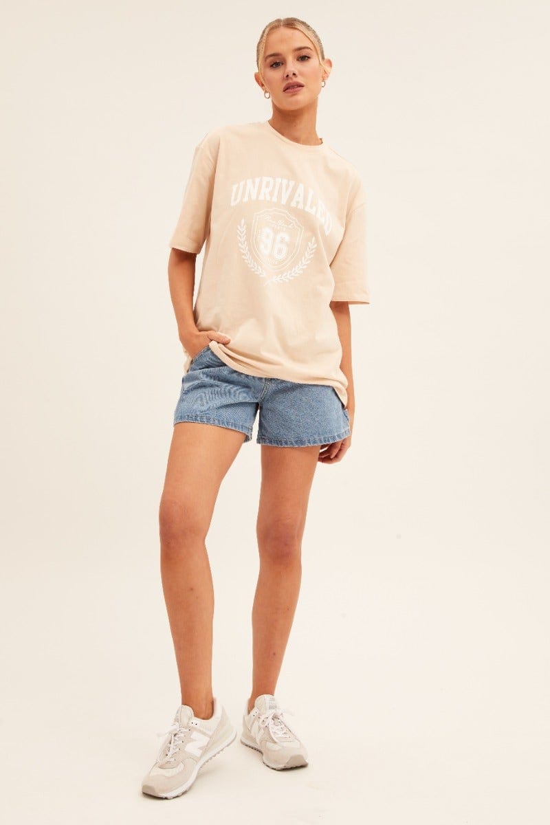 Beige Graphic T-Shirt Short Sleeve Crew Neck