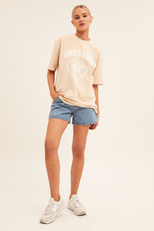 Beige Graphic T-Shirt Short Sleeve Crew Neck