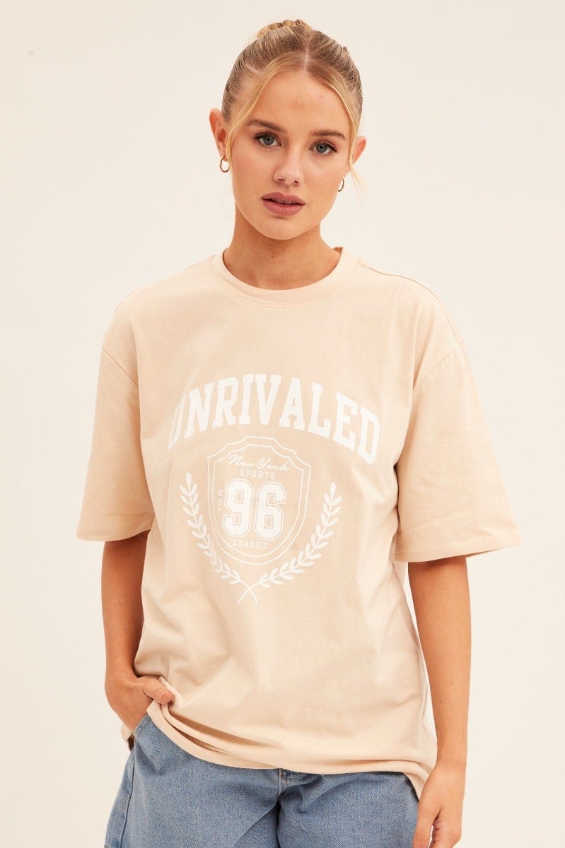 Beige Graphic T-Shirt Short Sleeve Crew Neck