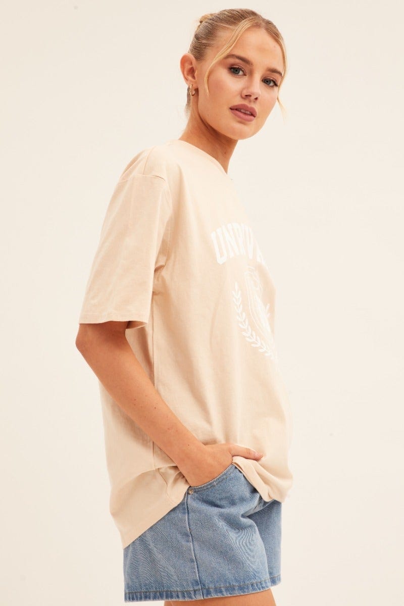 Beige Graphic T-Shirt Short Sleeve Crew Neck