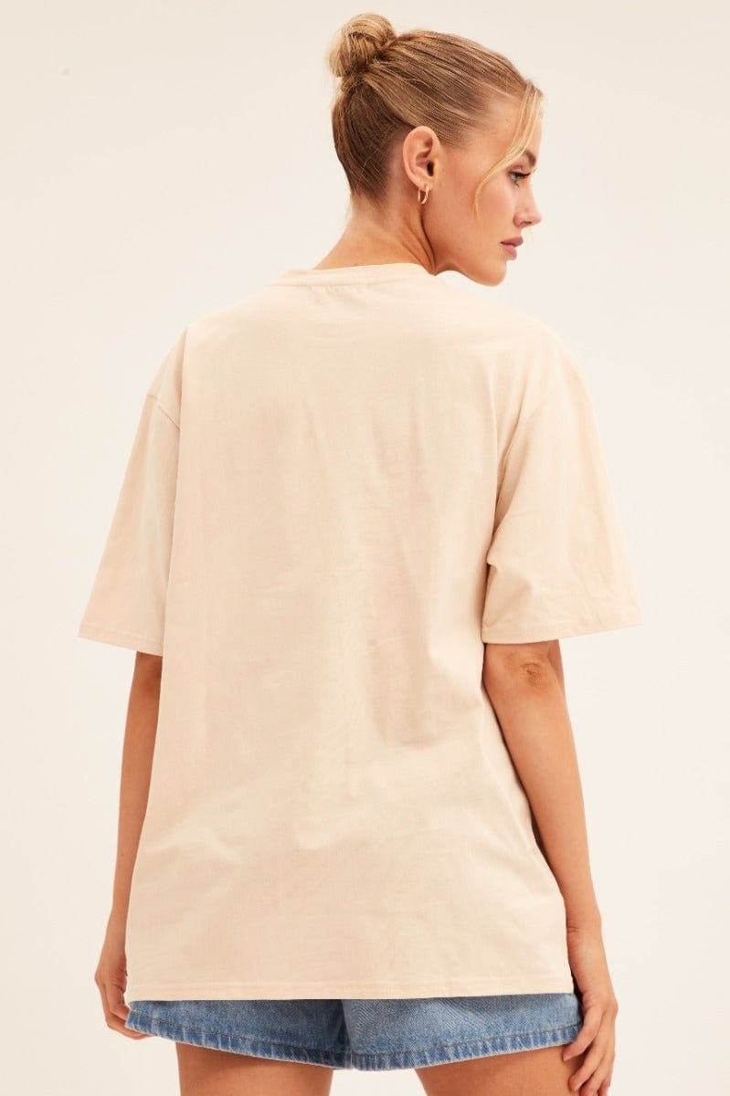 Beige Graphic T-Shirt Short Sleeve Crew Neck